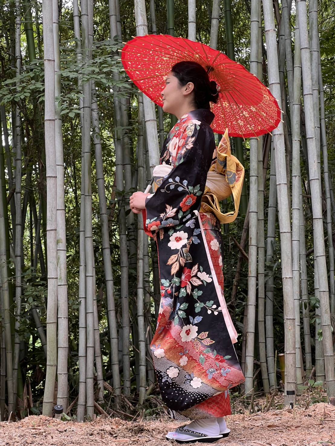 Guest wearing kimono in a bamboo grove