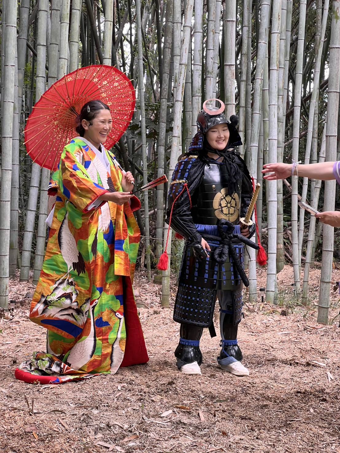 Guests wearing kimono and samurai armor in a bamboo grove